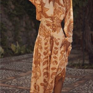 FARM Rio Orange and Cream Long Sleeve Dress